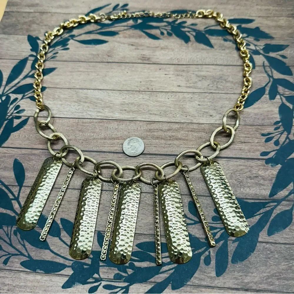 Gold Hammered‎ Rectangle Dangle Large Link Necklace 24 In B3